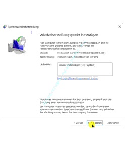 Anzeige der Informationen zum zu erstellenden Systemwiederherstellungspunkt